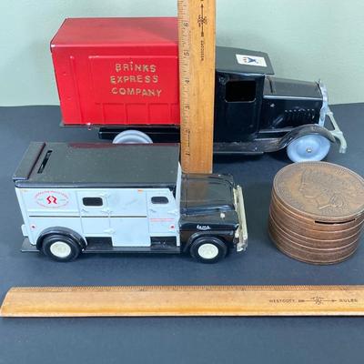 LOT 77: Deepwater Industries Federal Credit Union Diecast Armored Truck Bank, Oversized One Cent Bank and Hand Crafted Metal Brinks Truck