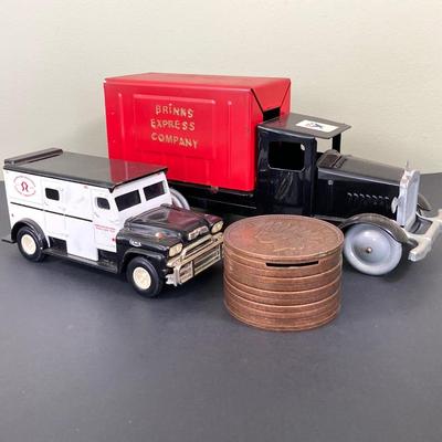 LOT 77: Deepwater Industries Federal Credit Union Diecast Armored Truck Bank, Oversized One Cent Bank and Hand Crafted Metal Brinks Truck