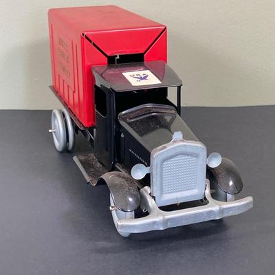LOT 77: Deepwater Industries Federal Credit Union Diecast Armored Truck Bank, Oversized One Cent Bank and Hand Crafted Metal Brinks Truck