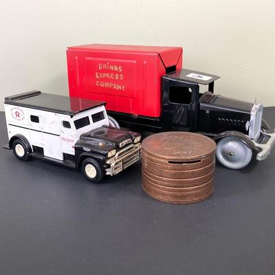 LOT 77: Deepwater Industries Federal Credit Union Diecast Armored Truck Bank, Oversized One Cent Bank and Hand Crafted Metal Brinks Truck