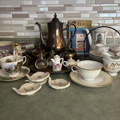 LOT 89: Time for Tea: Silverplate Teapot, Sugar & Creamer, Royal Vale, Meito China, Vintage Electric Teapot, Hand Painted Vase &...