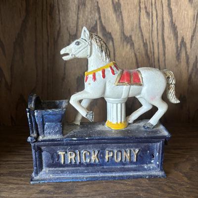 LOT 104: Cast Iron Mechanical Trick Pony Bank