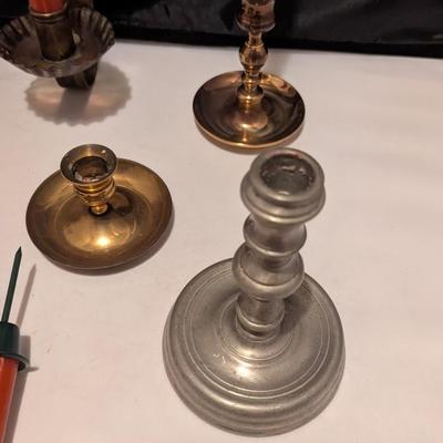 2 Early American Primitive Metal Tin Wall Sconces Farmhouse Candle Holders & Pewter & Brass (B)