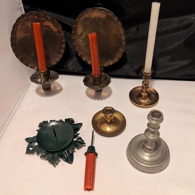 2 Early American Primitive Metal Tin Wall Sconces Farmhouse Candle Holders & Pewter & Brass (B)