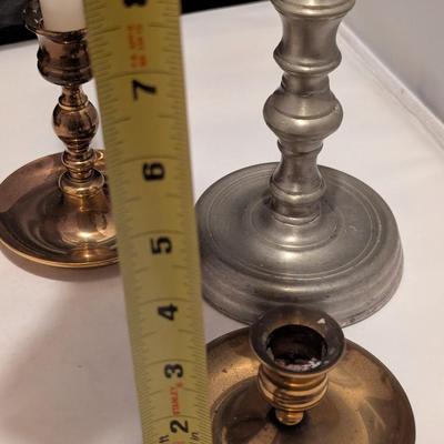 2 Early American Primitive Metal Tin Wall Sconces Farmhouse Candle Holders & Pewter & Brass (B)