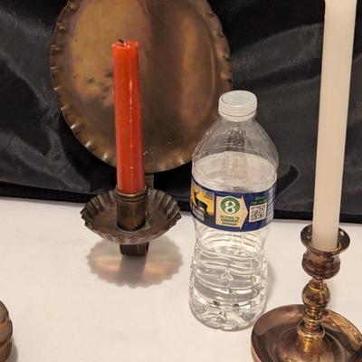 2 Early American Primitive Metal Tin Wall Sconces Farmhouse Candle Holders & Pewter & Brass (B)
