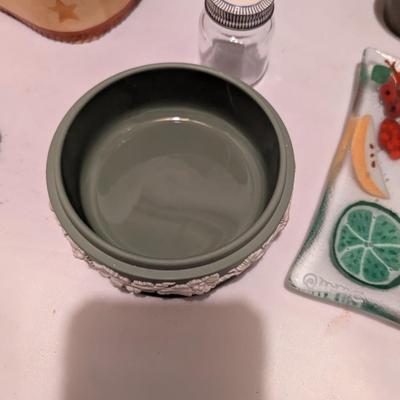 Carrie Nation Vinegar Bottle Wedgwood Jasperware Trinket Box Flower Frog Beaded Hand Made Bowl (B)