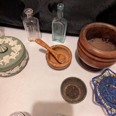 Carrie Nation Vinegar Bottle Wedgwood Jasperware Trinket Box Flower Frog Beaded Hand Made Bowl (B)