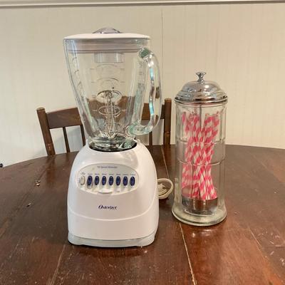 K698 Osterizer 16 Speed Blender w/ Vintage Glass Straw Dispenser
