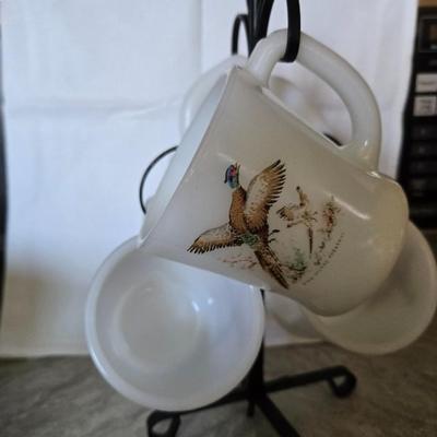 Sale Photo Thumbnail #26: Set of 4 identical FireKing Pheasant mugs & a nice mug rack