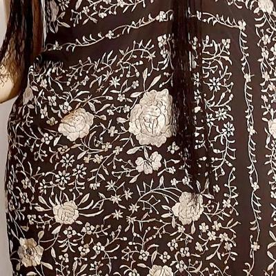 Antique Silk one Shoulder Manila hand embroidered Shawl dress w/Fringes