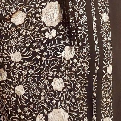Antique Silk one Shoulder Manila hand embroidered Shawl dress w/Fringes