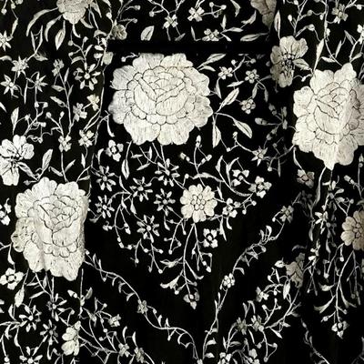 Antique Silk one Shoulder Manila hand embroidered Shawl dress w/Fringes