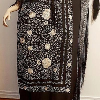 Antique Silk one Shoulder Manila hand embroidered Shawl dress w/Fringes