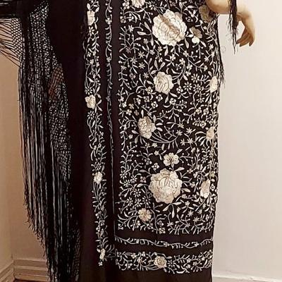 Antique Silk one Shoulder Manila hand embroidered Shawl dress w/Fringes