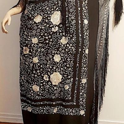 Antique Silk one Shoulder Manila hand embroidered Shawl dress w/Fringes