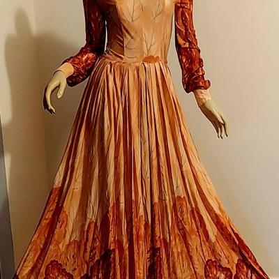 Vtg 60-70s Howard Wolf maxi Coral/Orange leaf prnt dress