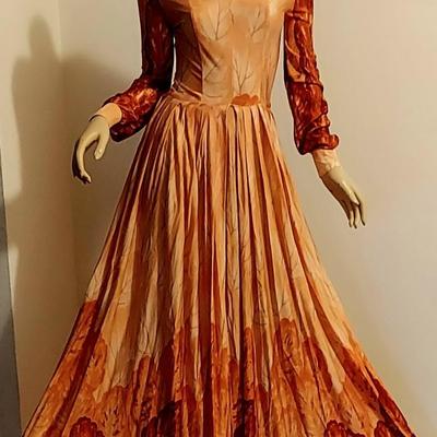 Vtg 60-70s Howard Wolf maxi Coral/Orange leaf prnt dress