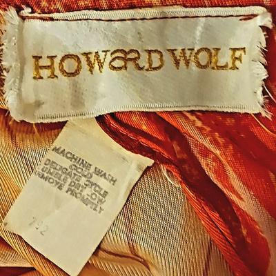 Vtg 60-70s Howard Wolf maxi Coral/Orange leaf prnt dress