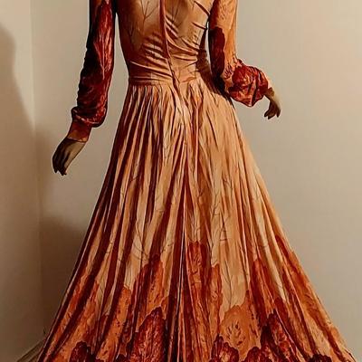 Vtg 60-70s Howard Wolf maxi Coral/Orange leaf prnt dress