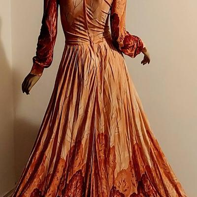 Vtg 60-70s Howard Wolf maxi Coral/Orange leaf prnt dress