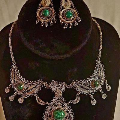 Antique/Vtg Sterling Silver JerusalymNecklace & Earrings set/ Eilat Green stones.