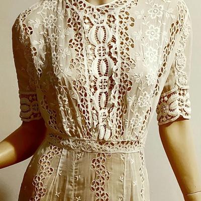 Antique 1900s hand Embroidered Brussels & Irish Crochet lace Maxi Lawn/Tea cotton dress