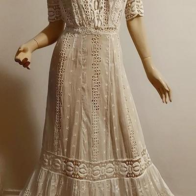 Antique 1900s hand Embroidered Brussels & Irish Crochet lace Maxi Lawn/Tea cotton dress