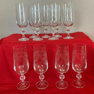 Vintage Bohemia Crystal Etched Flute Champagne Glasses