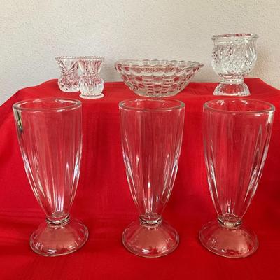 Malt/Shake Glasses, w/Crystal dish, w/toothpick holders