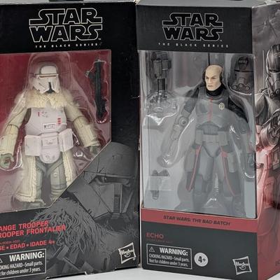 LOT 101: Hasbro, Star Wars The Black Series NIB, The Rebel Trooper, Battle Droid, Clone Trooper Echo, Range Trooper & Marrok Action...