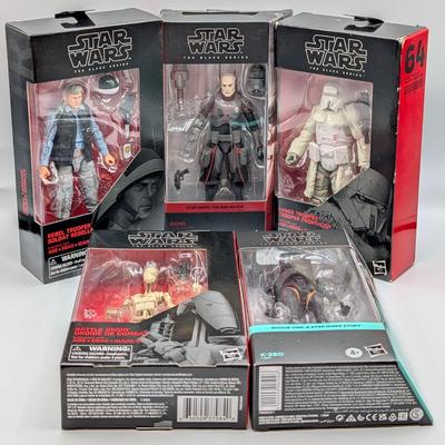 LOT 101: Hasbro, Star Wars The Black Series NIB, The Rebel Trooper, Battle Droid, Clone Trooper Echo, Range Trooper & Marrok Action...