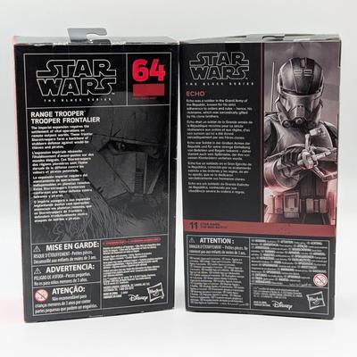 LOT 101: Hasbro, Star Wars The Black Series NIB, The Rebel Trooper, Battle Droid, Clone Trooper Echo, Range Trooper & Marrok Action...