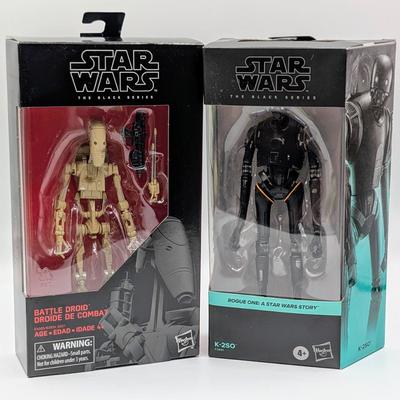 LOT 101: Hasbro, Star Wars The Black Series NIB, The Rebel Trooper, Battle Droid, Clone Trooper Echo, Range Trooper & Marrok Action...