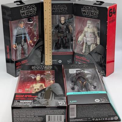 LOT 101: Hasbro, Star Wars The Black Series NIB, The Rebel Trooper, Battle Droid, Clone Trooper Echo, Range Trooper & Marrok Action...