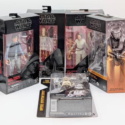 LOT 102: Hasbro Star Wars, The Black Series, NIB Imperial Hovertank Driver, Rebel Trooper, Battle Droid, Rey Jakku With BB-8, New...