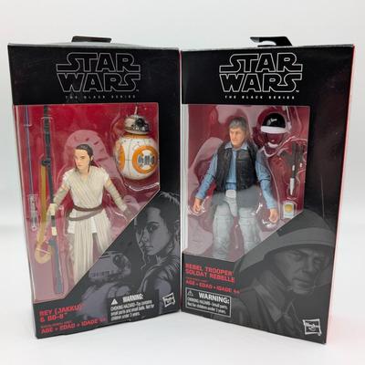 LOT 102: Hasbro Star Wars, The Black Series, NIB Imperial Hovertank Driver, Rebel Trooper, Battle Droid, Rey Jakku With BB-8, New...
