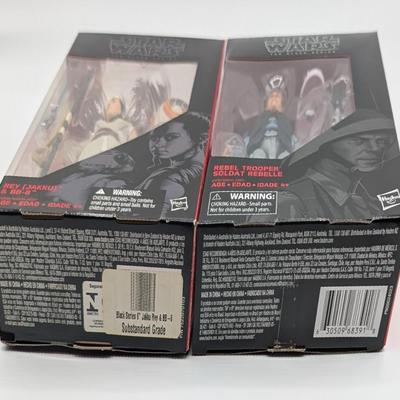 LOT 102: Hasbro Star Wars, The Black Series, NIB Imperial Hovertank Driver, Rebel Trooper, Battle Droid, Rey Jakku With BB-8, New...