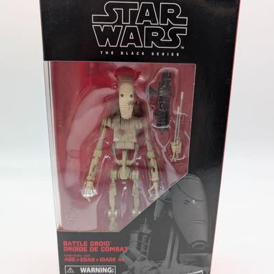 LOT 102: Hasbro Star Wars, The Black Series, NIB Imperial Hovertank Driver, Rebel Trooper, Battle Droid, Rey Jakku With BB-8, New...