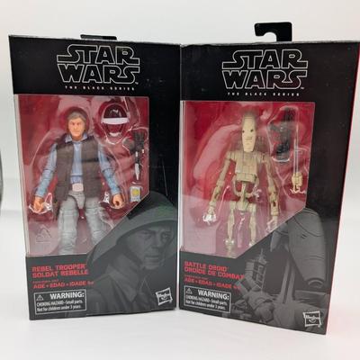 LOT 103: Hasbro Star Wars The Black Series NIB Rebel Fleet Trooper, Sergent Kreel, Battle Droid, Scarif Storm Trooper Squad Leader, Tech...