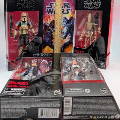 LOT 103: Hasbro Star Wars The Black Series NIB Rebel Fleet Trooper, Sergent Kreel, Battle Droid, Scarif Storm Trooper Squad Leader, Tech...
