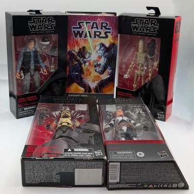 LOT 103: Hasbro Star Wars The Black Series NIB Rebel Fleet Trooper, Sergent Kreel, Battle Droid, Scarif Storm Trooper Squad Leader, Tech...