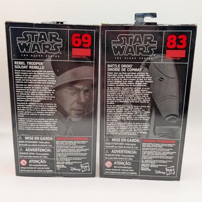 LOT 103: Hasbro Star Wars The Black Series NIB Rebel Fleet Trooper, Sergent Kreel, Battle Droid, Scarif Storm Trooper Squad Leader, Tech...