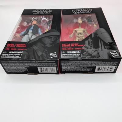 LOT 103: Hasbro Star Wars The Black Series NIB Rebel Fleet Trooper, Sergent Kreel, Battle Droid, Scarif Storm Trooper Squad Leader, Tech...