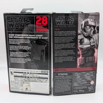 LOT 103: Hasbro Star Wars The Black Series NIB Rebel Fleet Trooper, Sergent Kreel, Battle Droid, Scarif Storm Trooper Squad Leader, Tech...