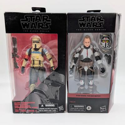 LOT 103: Hasbro Star Wars The Black Series NIB Rebel Fleet Trooper, Sergent Kreel, Battle Droid, Scarif Storm Trooper Squad Leader, Tech...