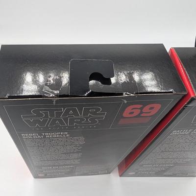 LOT 103: Hasbro Star Wars The Black Series NIB Rebel Fleet Trooper, Sergent Kreel, Battle Droid, Scarif Storm Trooper Squad Leader, Tech...