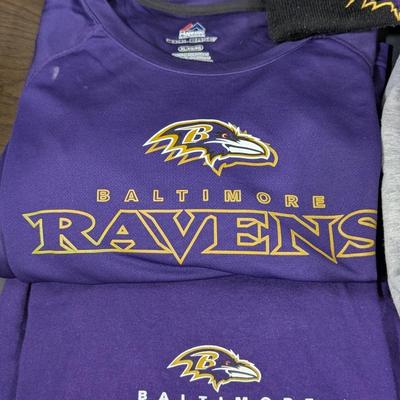 LOT 227: Baltimore Ravens Sweatshirt, 3 Long Sleeve Shirts, Sizes L & XL And A Knit Beanie
