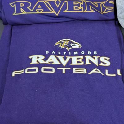 LOT 227: Baltimore Ravens Sweatshirt, 3 Long Sleeve Shirts, Sizes L & XL And A Knit Beanie