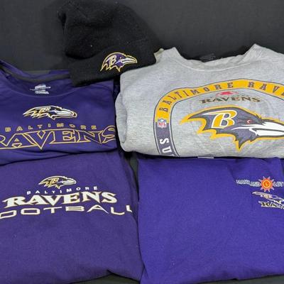 LOT 227: Baltimore Ravens Sweatshirt, 3 Long Sleeve Shirts, Sizes L & XL And A Knit Beanie